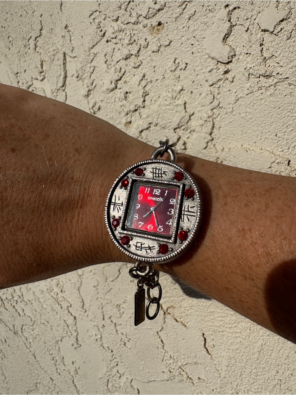 Vintage Silver Bracelet Watch with Red Dial and Red Accents